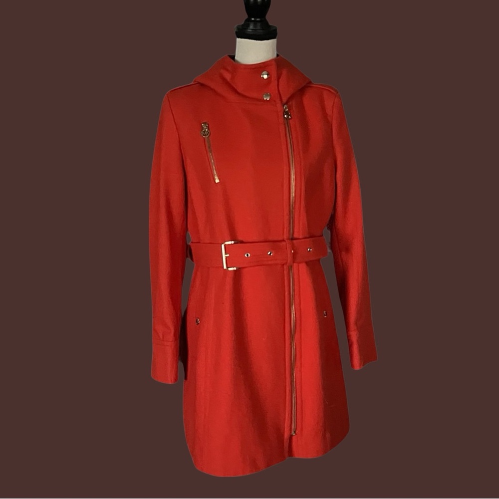 Michael Michael Kors Orange Wool Blend Hooded Belted Coat. SZ.8 - Picture 2 of 11